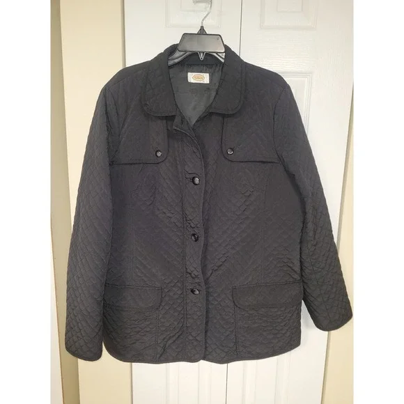 Talbots Black Quilted Barn Jacket Coat Button Front Pockets‎ Classic Sz XXL