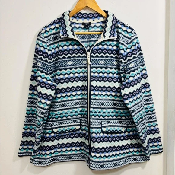 Talbots Fair Isle Aztec Blue Purple Print Fleece Zip‎ Up Jacket Side Pockets 2X