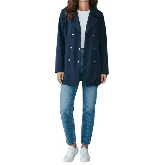 Liz Claiborne LizSport Double Breasted Jacket L Navy Minimalist Trench Preppy 90