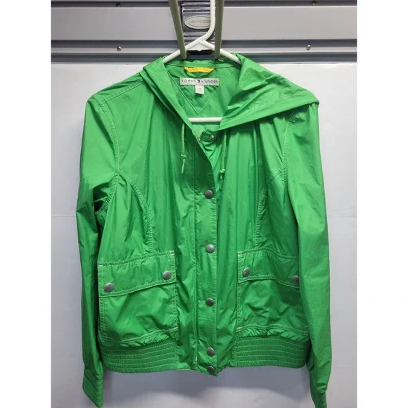 Vtg‎ Tommy Hilfiger Green Hooded Windbreaker Jacket Size L Full Zip Snap Front
