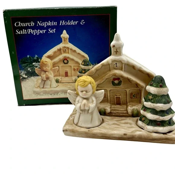 Church Napkin‎ Holder & Praying Angel Christmas Tree Salt Pepper Shaker Set READ