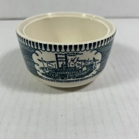 currier and ives Open Sugar Bowl No Handles Cobalt‎ Blue Steam Boat