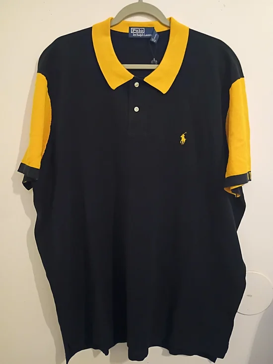 VTG Ralph Lauren Men's Custom Navy and Yellow Colorblock Polo GT Sz‎ XXL