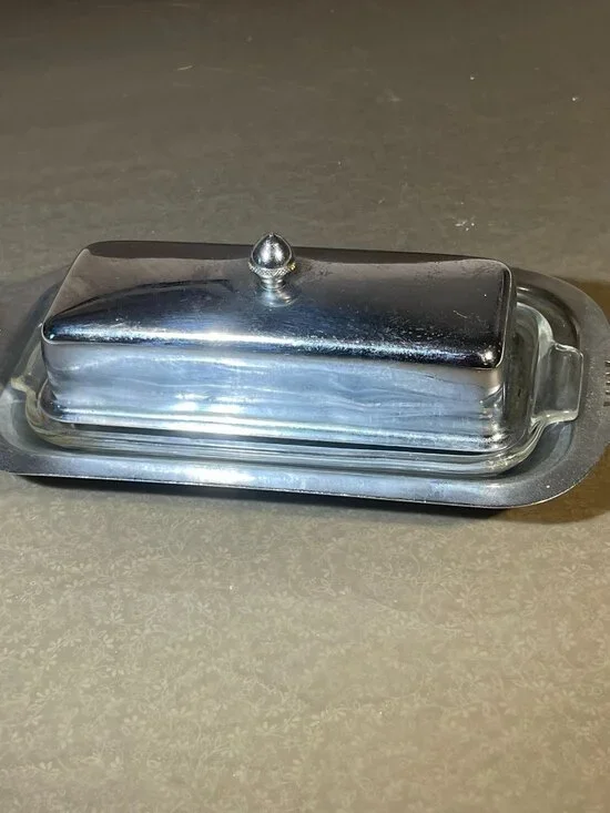 Vintage Stainless Steel Butterdish with Glass Insert (inv #17-14)