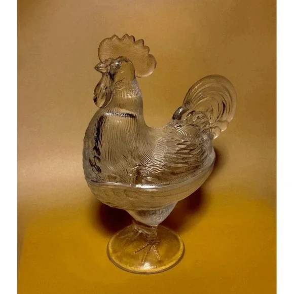 VTG LE Smith Clear Glass Standing Rooster Pedestal Covered Candy Dish Compote SG