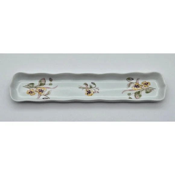Rochard Limoges France Porcelain Tray‎ Trinket Olive Yellow Pansy Floral Scallop
