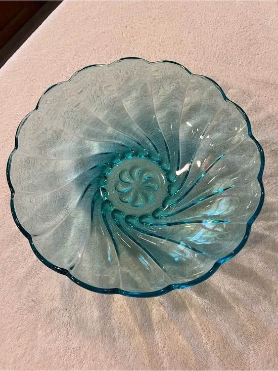 Hazel Atlas Capri Blue Glass Bowl Vintage Mid Century Swirl Scalloped 9