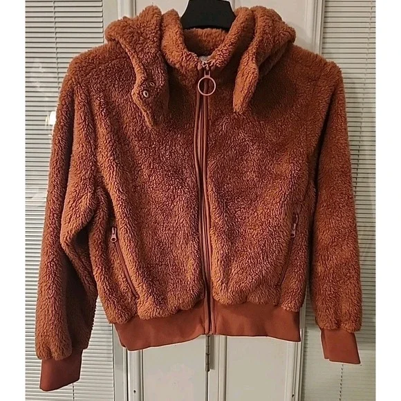 Olivia‎ Sky Sherpa Bomber Zip Up W/Detachable Hood Jacket Copper Women Medium