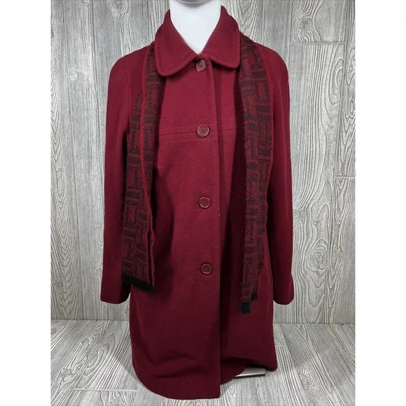 London‎ Fog Deep Red Long Sleeve Button Up Wool Jacket with Scarf Womens SZ 12