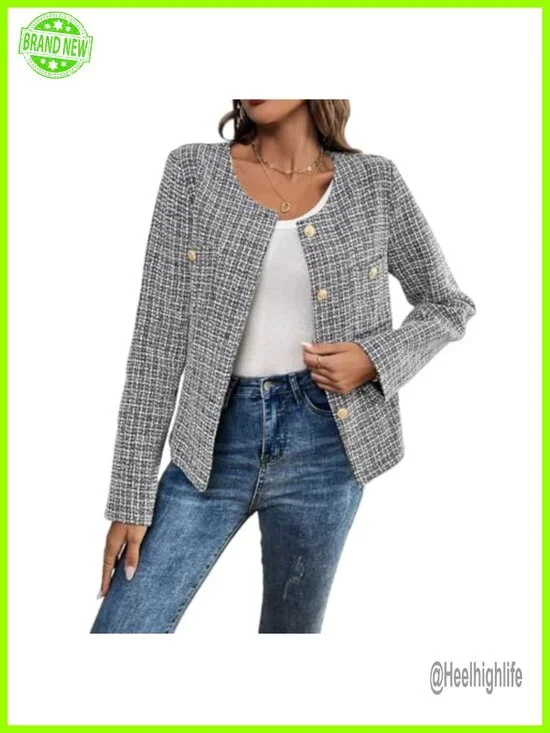 Tweed Blazer, Long Sleeve Round Neck, Business Casual Coat, Patch Pockets