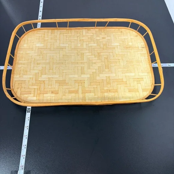 Woven Bamboo Serving Tray 16x11 Tan Boho Coastal Home Decor Style Layer Natural