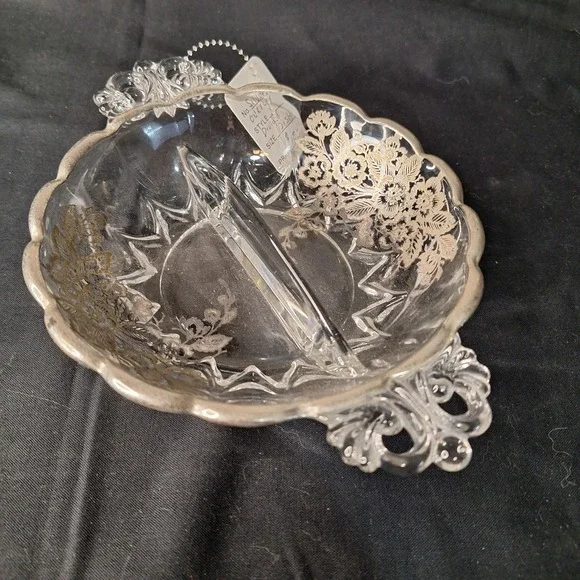 Vintage Silver Overlay Divided‎ Relish Dish Floral Scalloped Candy Bowl 8