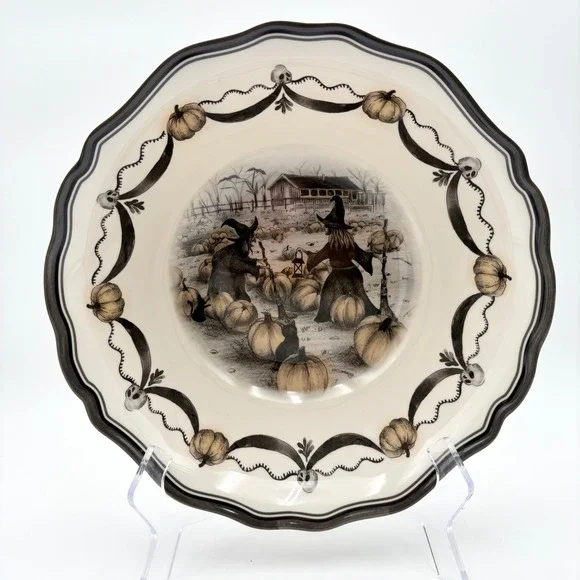Large Halloween Witch Pumpkin Skull Scalloped Serving Bowl Melamine Spooky