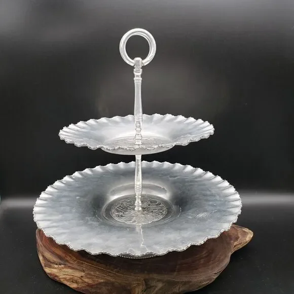 Vintage Cromwell Hand Wrought Aluminum 2 Tier Tidbit Tray Fruit Design 11