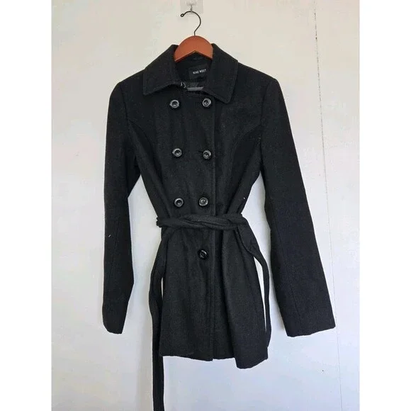 Nine West Womens 8 Black Wool Blend‎ Belted Peacoat Winter Old Money Classy
