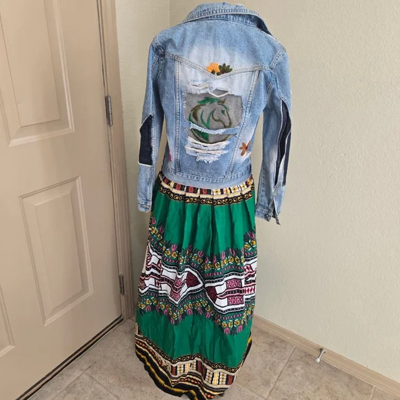 Custom made One Fine Day Boutique Blue Jean Jacket with Green Horse Embroidery S