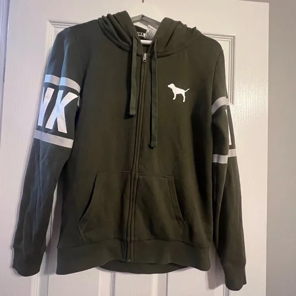 PINK Victoria Secret olive green zip up hoody size‎ XS