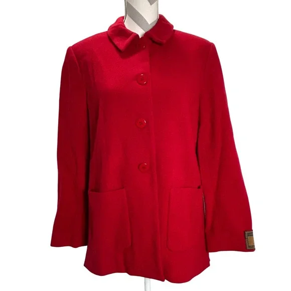 Louben Red Wool Cashmere Blend Button Front‎ Blazer Jacket Pea Coat Size 12