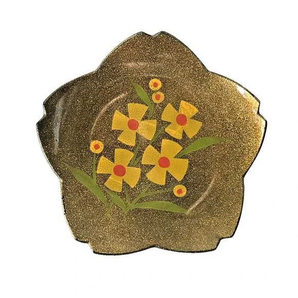 Vintage 1960s Japan Flower Power Mod‎ Melamine Scalloped Tray Yellow Floral 9.5