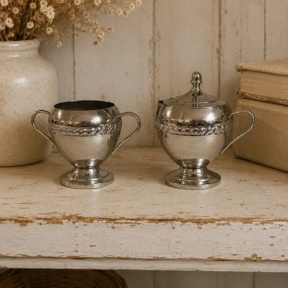 Vintage Silver Tone Footed Cream and Sugar Set with Lid Rope Detail 3.5in x 3in