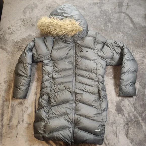 Marmot Coat Womens Large Gray Montreal Down Faux Fur‎ Hood Gorpcore