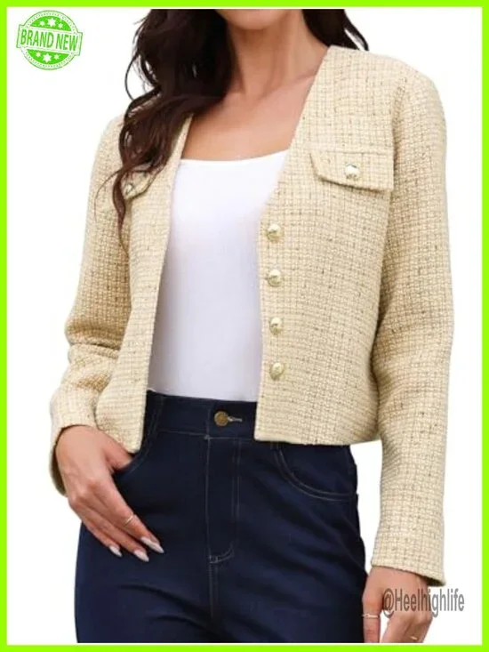 Collarless Tweed Plaid Blazer Long Sleeve Button Down Cropped Jacket