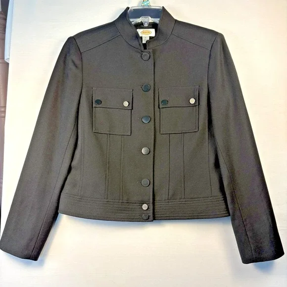 Talbots Womens Black Military Style‎ Blazer Stand Collar Button Front Jacket 6