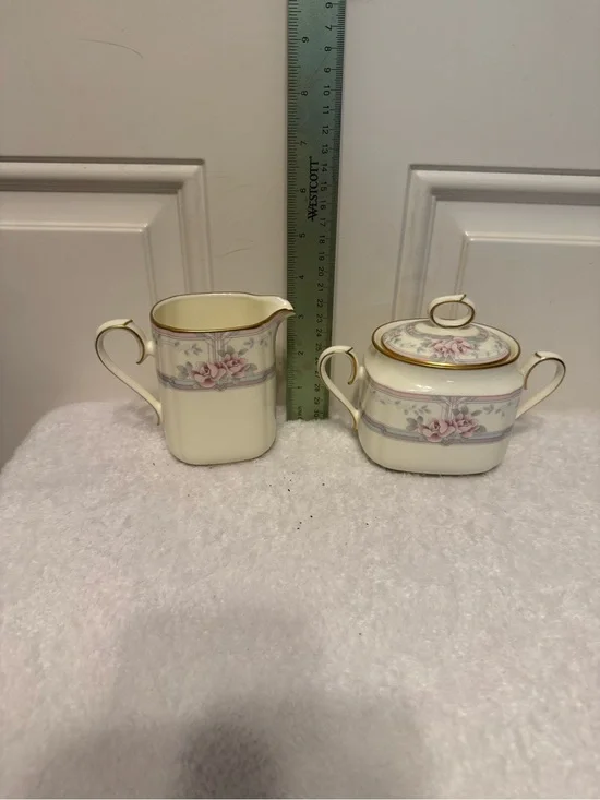 Porcelain Noritake Creamer and Sugar Set with Pink Floral Banding