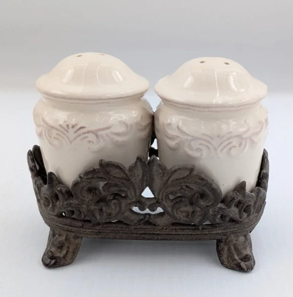 Chris Madden Corvella Ivory Salt Pepper Shaker Set Metal Stand Embossed Scrolls