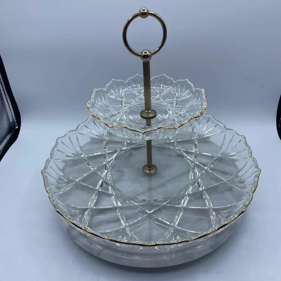 Vintage Mikasa Crystal Hampshire 2 Tier Gold Rim Glass Serving Stand Tray 12in