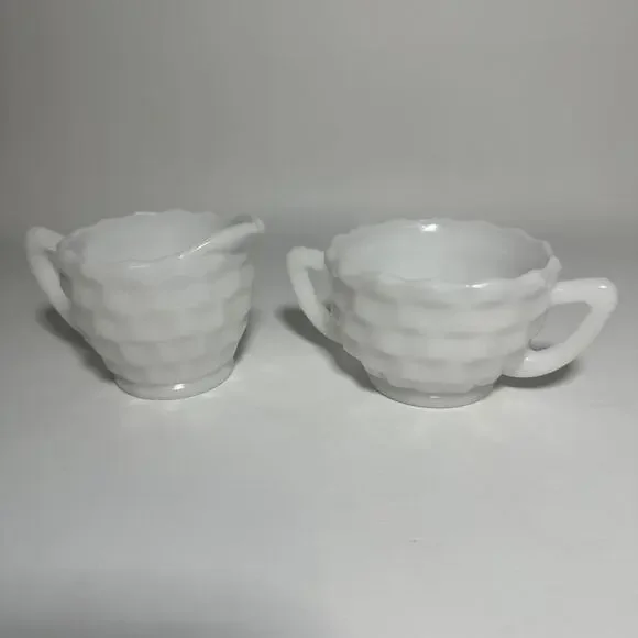 Hazel-Atlas Vintage Cubist Opaque Milk Glass Creamer and Sugar Bowl Set Vintage