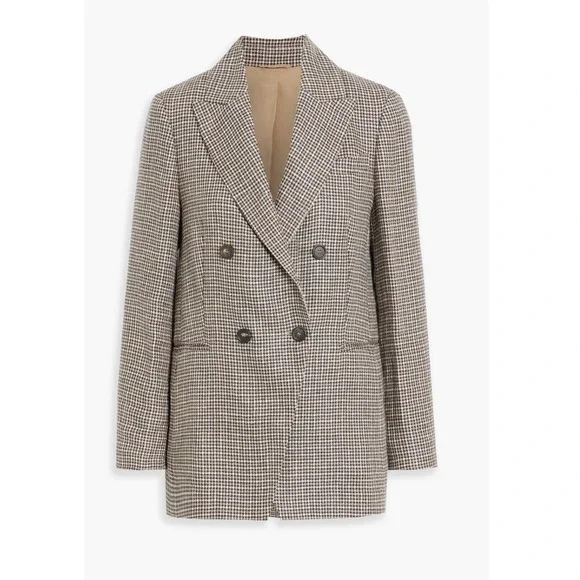 New Brunello Cucinelli Blazer Women Tan Gold 44 8 Houndstooth Old Money  Linen‎