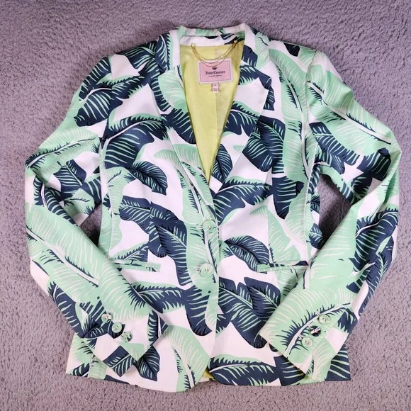 Juicy Couture Green Tropical Banana Leaf Print‎ Cotton Peplum Blazer Jacket Sz 4