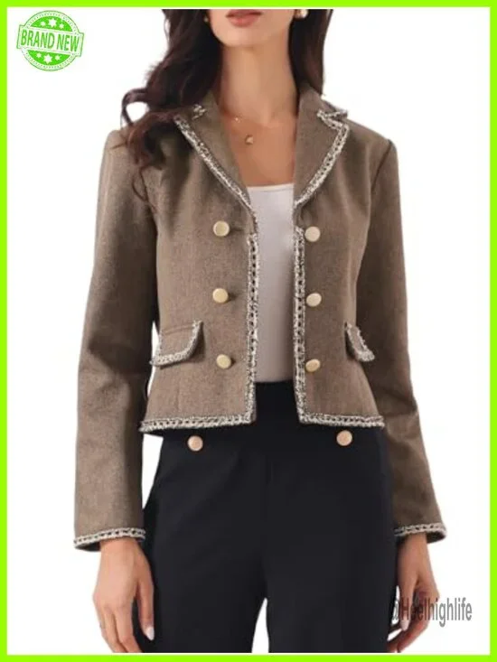 Vintage Tweed Cropped Blazer Double Breasted Long Sleeve Notch Collar Faux