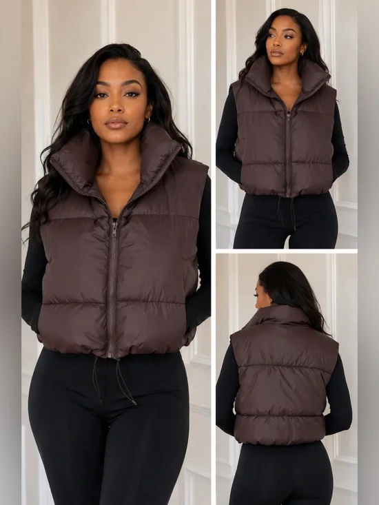 Love chic couture Puffer zip up sleeveless Vest in Deep Brown size L