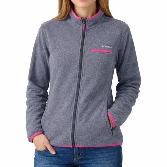 Columbia Womens Full Zip Fleece Jacket Gray with Pink Trim Medium Hiking Outdoor