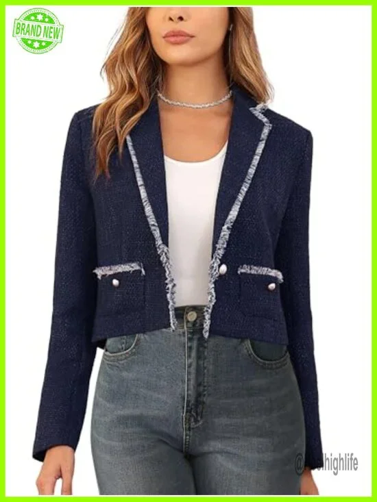 Cropped Tweed Jacket Blazer with Pockets Long Sleeve Open Front Notch Lapel