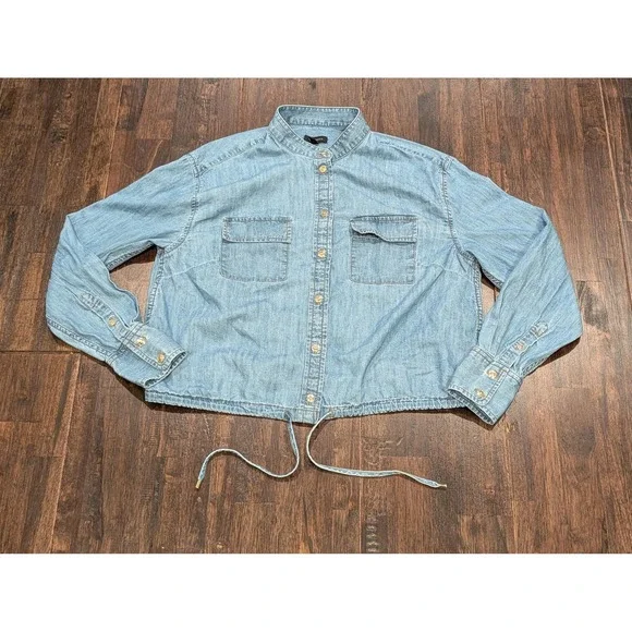 Talbots Tie Front‎ Denim Top Womens XS Blue Gold Button Up Drawstring Pockets