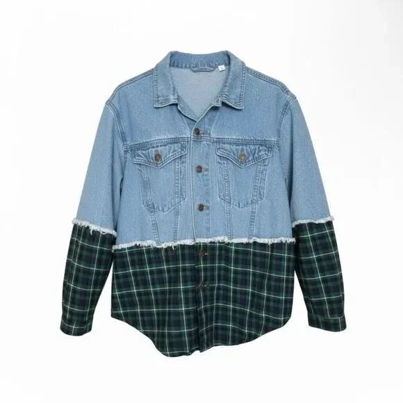 Princess Polly Mixed Media Denim & Flannel Larkin Jean Jacket Blue Green S/M‎