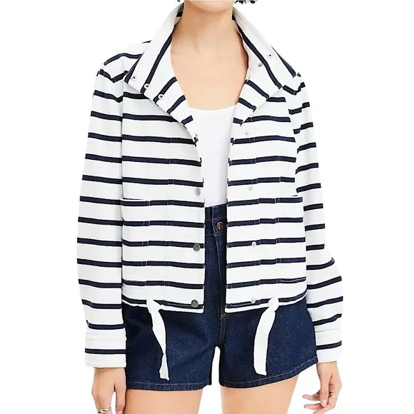 NWT Loft Striped Terry‎ Patch Pocket Jacket White Blue Women’s Size Large Petite