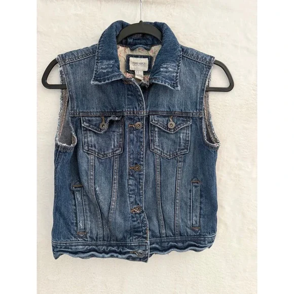 Forever‎ 21 Premium Denim Vest Medium Wash Floral Lining Distressed Blue Small