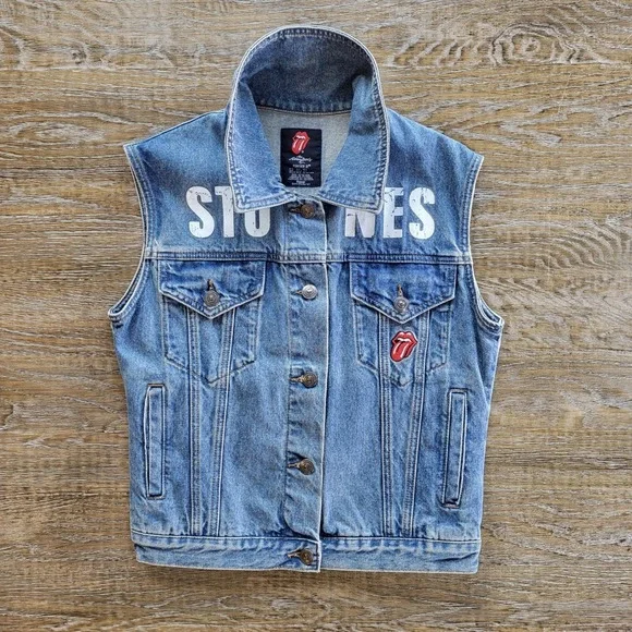The Rolling Stones Forever 21 Denim Vest Blue Small Rock Band Patch 1962 NEW