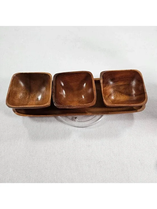 Vintage Wood Serving Tray Set 3 Bowls Philippines Mahogany Condiment Snack