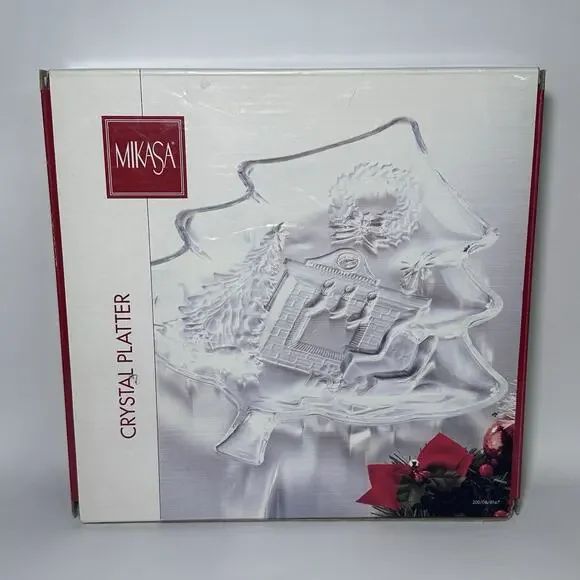 NIB Mikasa Crystal Christmas Tree Holiday Platter - Fireplace 13.5x12”