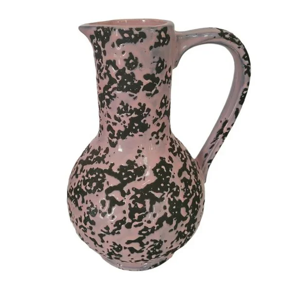 Vintage McCoy Brocade Pink on Black Pitcher 1950's Splatter Drip Glaze Server