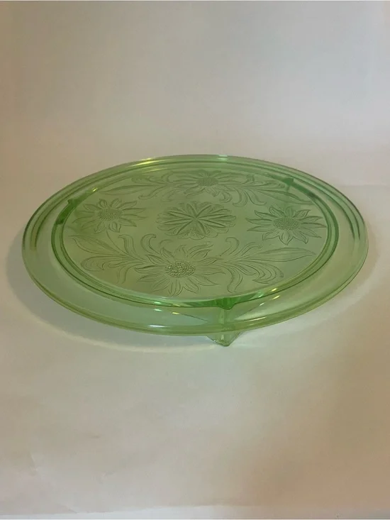 Vintage Jeannette Uranium Glass Cake Plate Sunflower Pattern Depression Glass