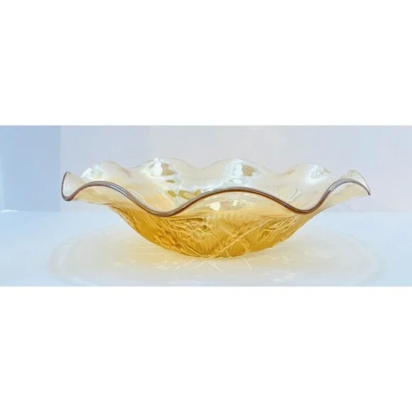 Jeannette Iris Herringbone Marigold Carnival Glass 11” Ruffled Fruit Bowl