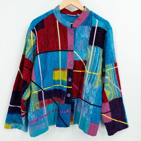 Colorful Patchwork Jacket Womens 1X Art to Wear‎ Lace Velvet Maximalist 90s Boho