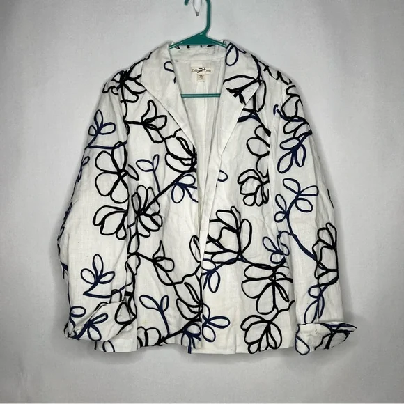 Coldwater Creek White Linen Open Jacket Black Embroidery Long Sleeve Hemstitched