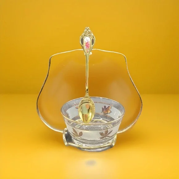 Vintage Libbey Golden Foliage‎ Frosted Condiment Dish Glass with Gold-Tone